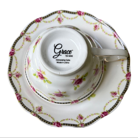 Grace Tea Ware Rose Teacup Saucer Set of Two Beautiful Rose Vintage Bone China - Picture 6 of 13